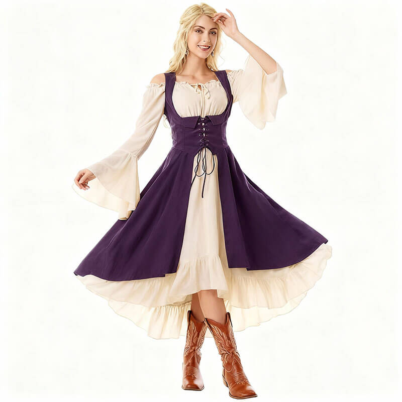 Renaissance Cinched Waist Lace-Up Colorblock Dress