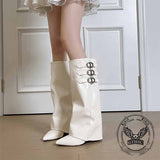 Retro Belt Buckle Design Pointed Toe Long Tube Boots | Gthic.com