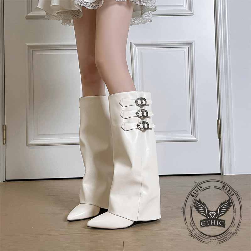 Retro Belt Buckle Design Pointed Toe Long Tube Boots | Gthic.com