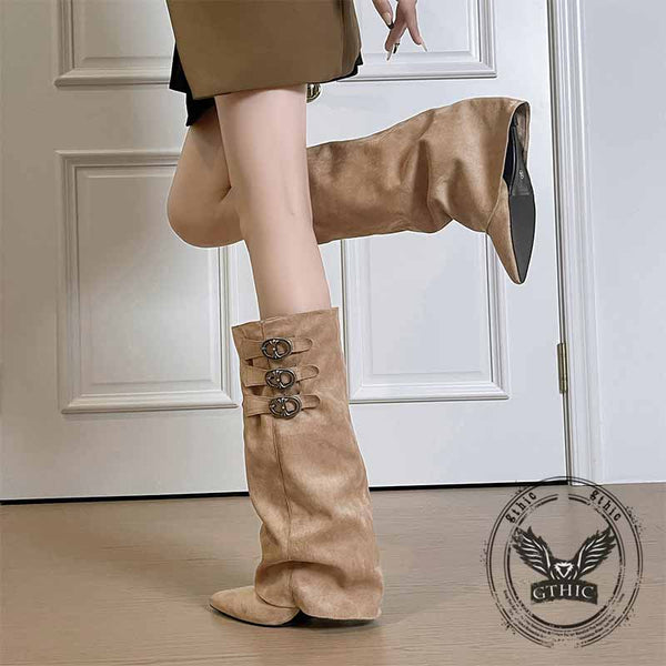 Retro Belt Buckle Design Pointed Toe Long Tube Boots | Gthic.com