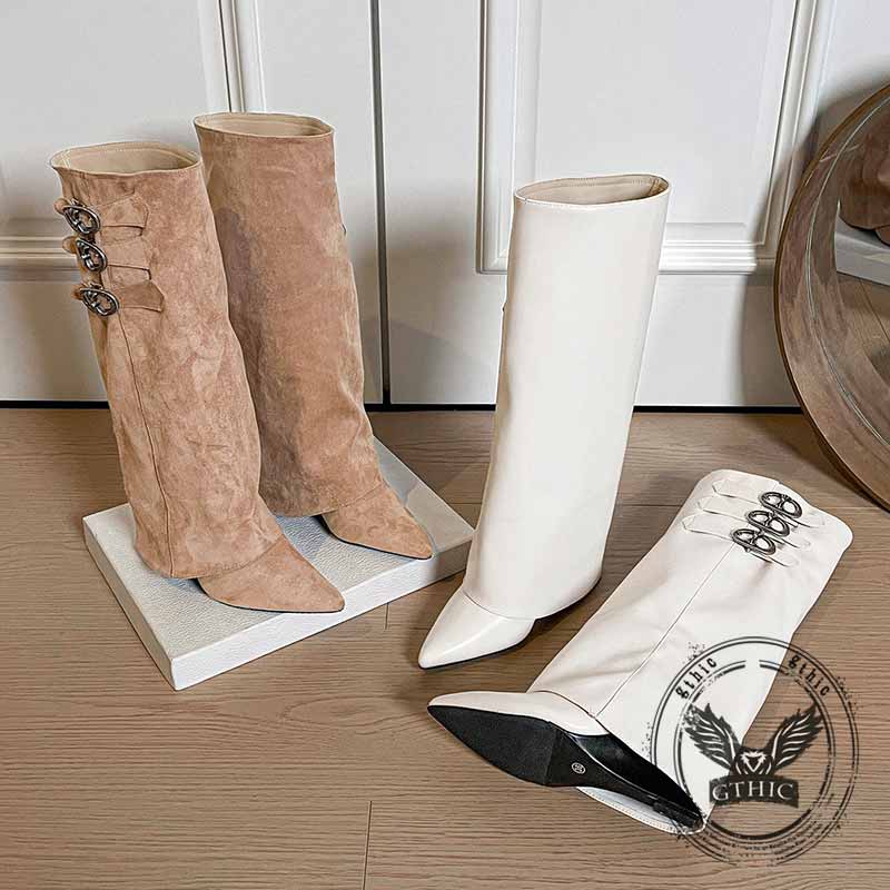 Retro Belt Buckle Design Pointed Toe Long Tube Boots | Gthic.com