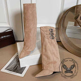 Retro Belt Buckle Design Pointed Toe Long Tube Boots