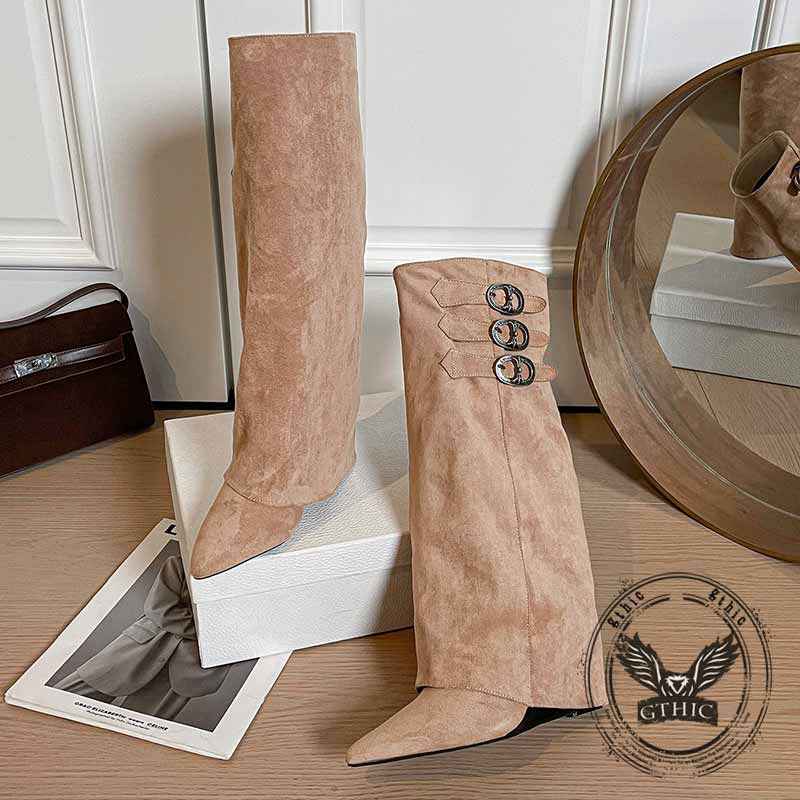 Retro Belt Buckle Design Pointed Toe Long Tube Boots