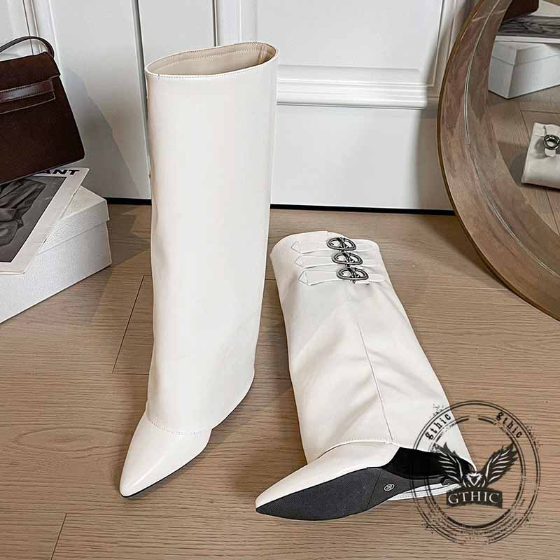 Retro Belt Buckle Design Pointed Toe Long Tube Boots