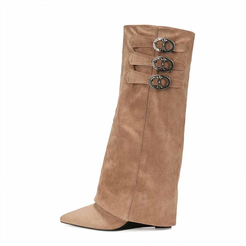 Retro Belt Buckle Design Pointed Toe Long Tube Boots