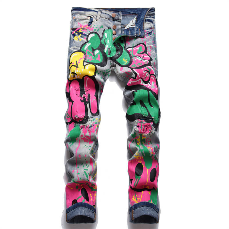 Retro Blue Graffiti Printed Cotton Pants | Gthic.com