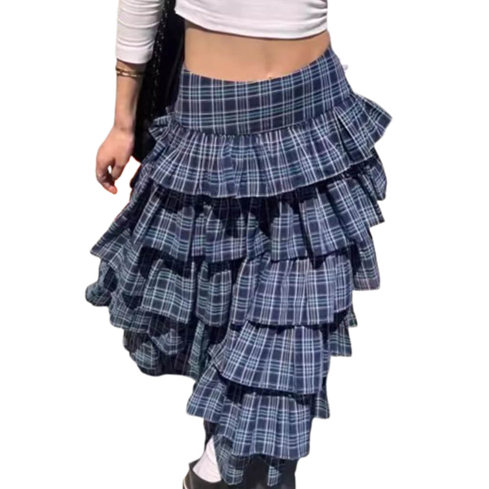 Retro Blue Plaid Multi-Layered Design Cake Skirt 03 | Gthic.com