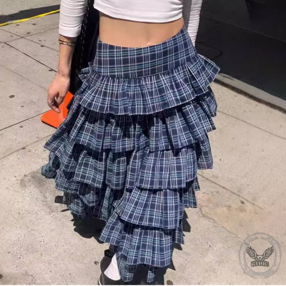 Retro Blue Plaid Multi-Layered Design Cake Skirt 01 | Gthic.com