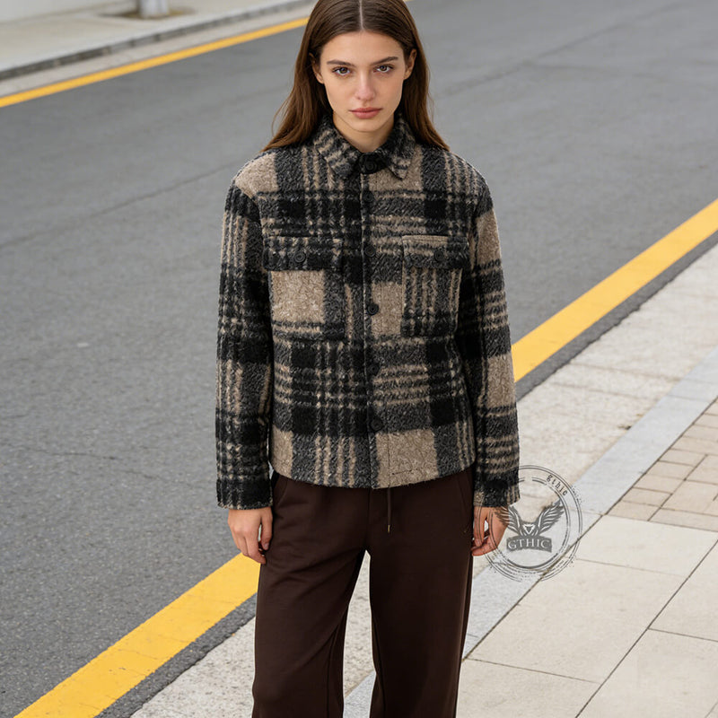 Retro Brown Plaid Lapel Loose Short Jacket Coat – GTHIC