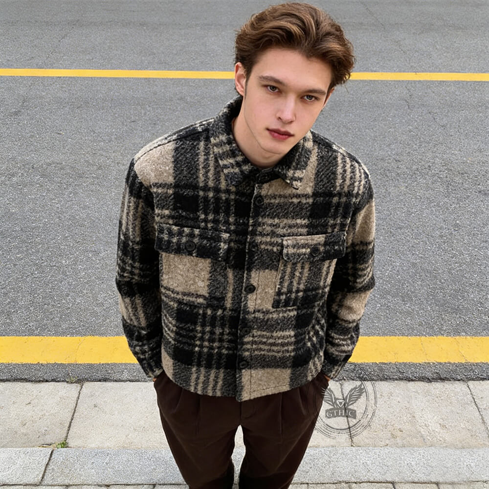 Retro Brown Plaid Lapel Loose Short Jacket Coat | Gthic.com