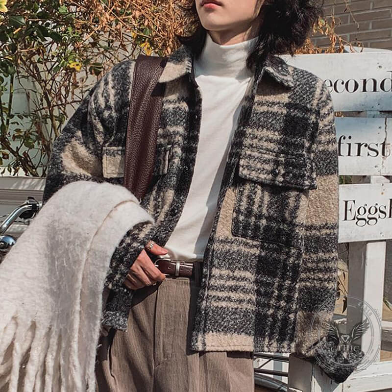 Retro Brown Plaid Lapel Loose Short Jacket Coat | Gthic.com