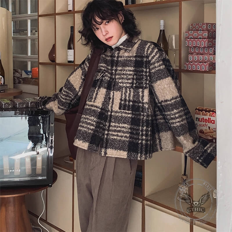 Retro Brown Plaid Lapel Loose Short Jacket Coat | Gthic.com