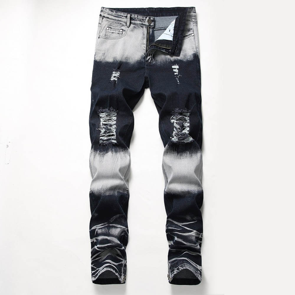Retro Colorblock Zipper Design Elastic Ripped Jeans 01 | Gthic.com