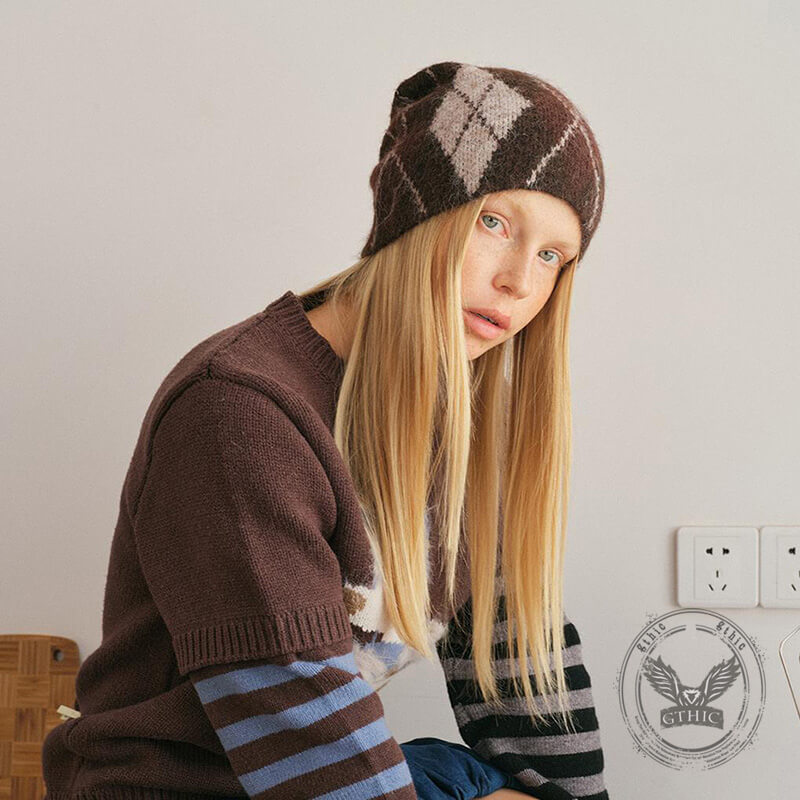 Retro Diamond Pattern Wool Blend Knitted Beanie Hat