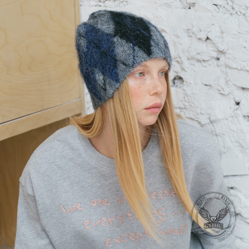 Retro Diamond Pattern Wool Blend Knitted Beanie Hat | Gthic.com