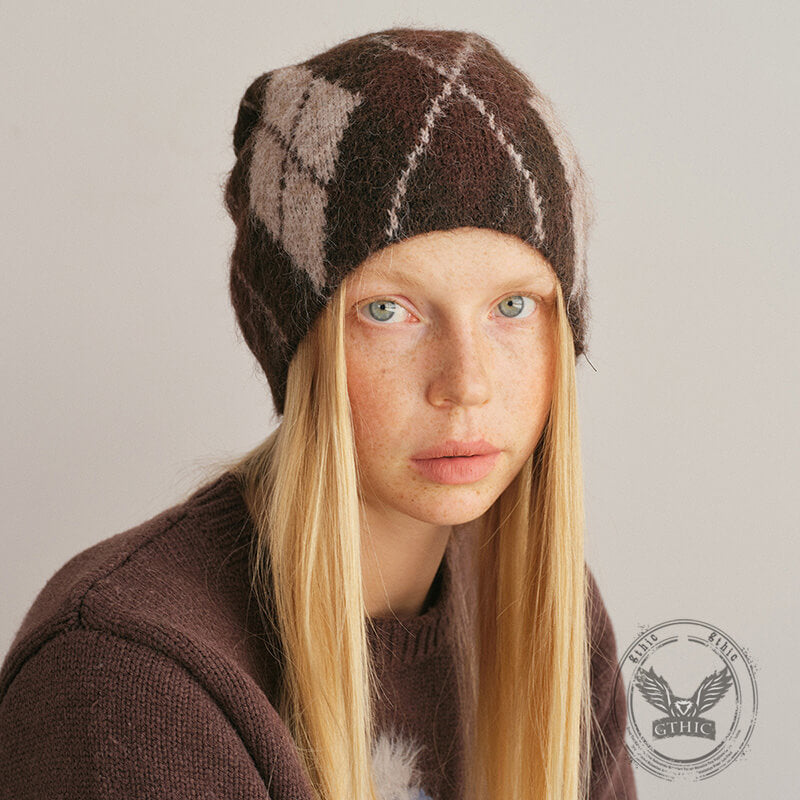 Retro Diamond Pattern Wool Blend Knitted Beanie Hat | Gthic.com