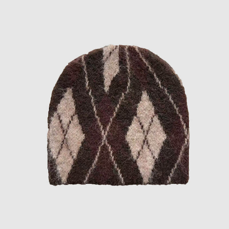 Retro Diamond Pattern Wool Blend Knitted Beanie Hat