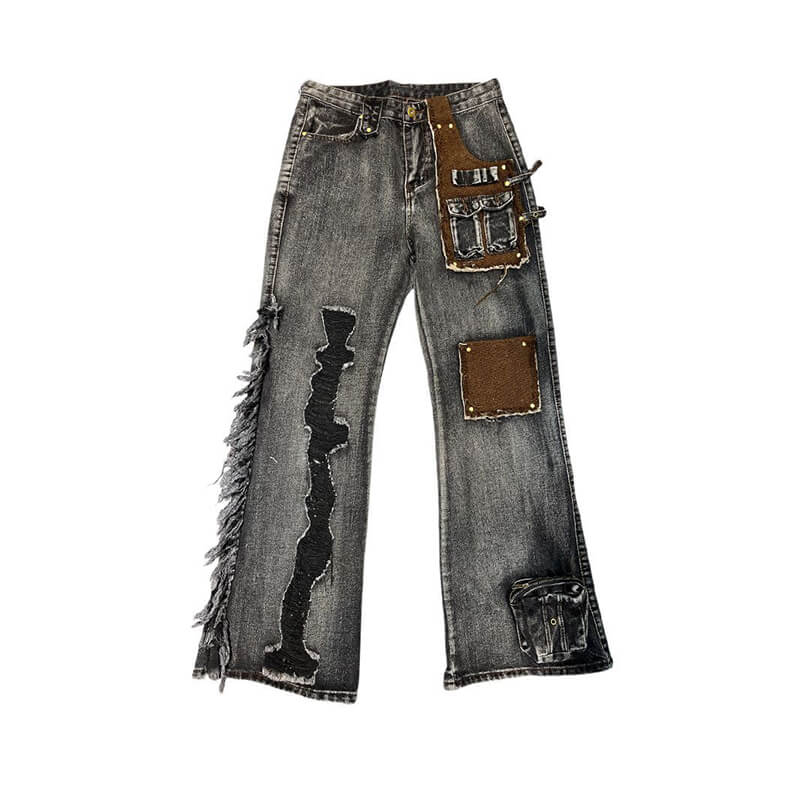 Retro Distressed Patchwork Washed Loose Jeans | Gthic.com