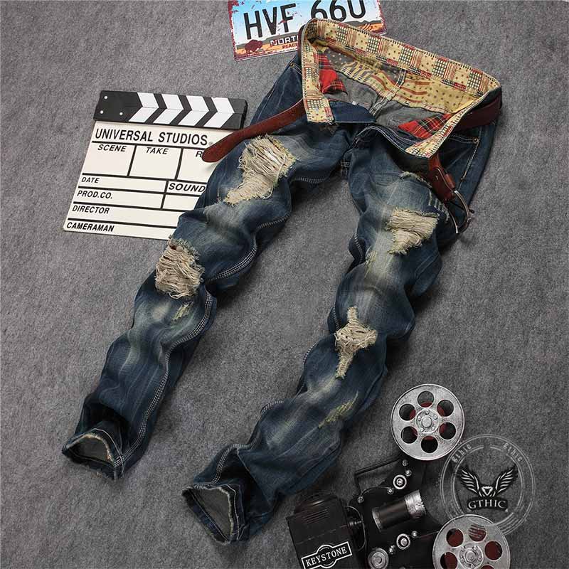 Retro Distressed Straight-Leg Slim Punk Jeans 02 | Gthic.com