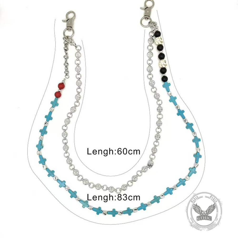 Retro Double-Layer Turquoise Cross Skull Alloy Pants Chain
