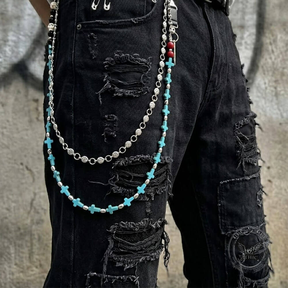 Retro Double-Layer Turquoise Cross Skull Alloy Pants Chain | Gthic.com