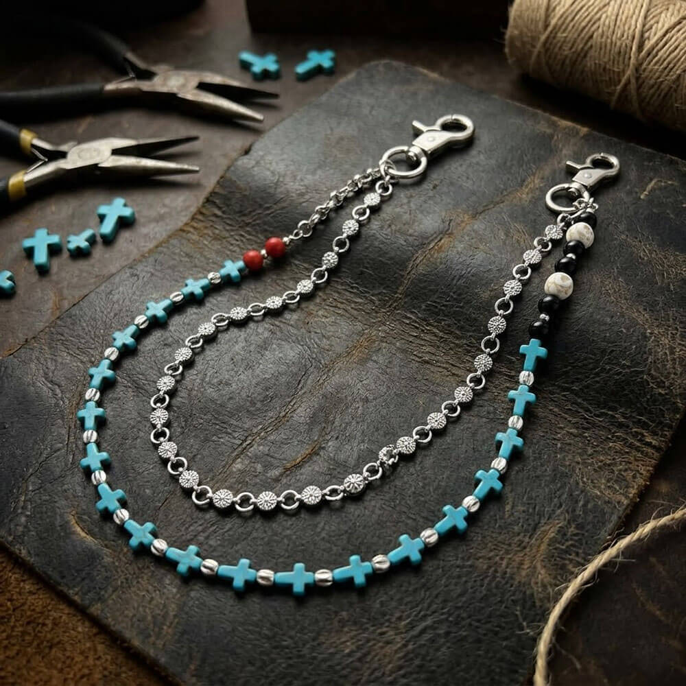 Retro Double-Layer Turquoise Cross Skull Alloy Pants Chain | Gthic.com