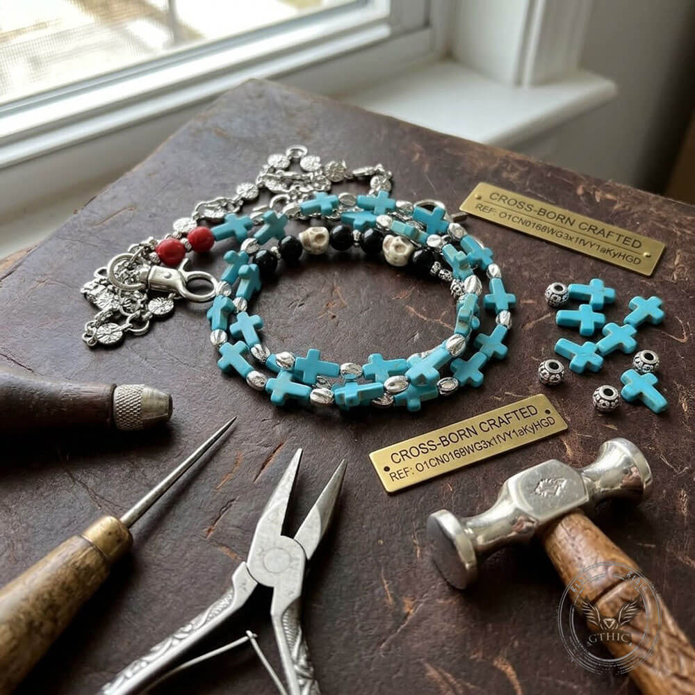 Retro Double-Layer Turquoise Cross Skull Alloy Pants Chain