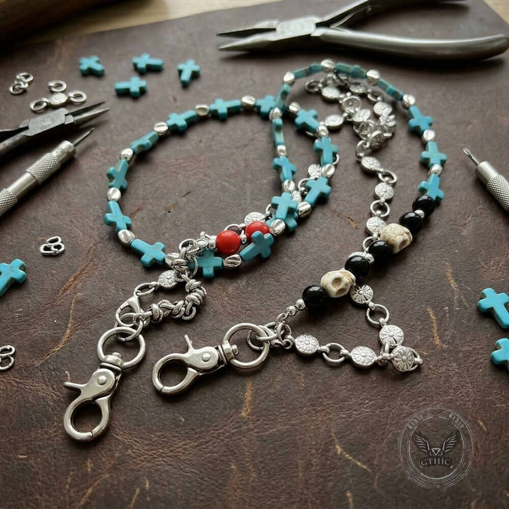 Retro Double-Layer Turquoise Cross Skull Alloy Pants Chain