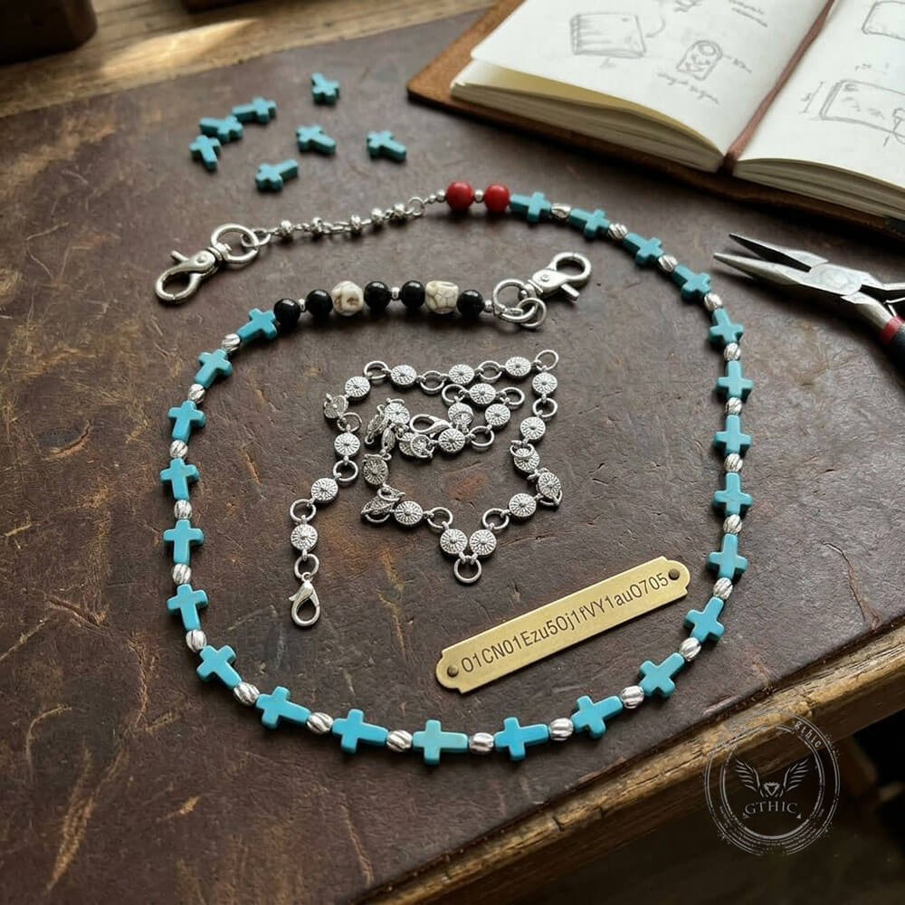 Retro Double-Layer Turquoise Cross Skull Alloy Pants Chain