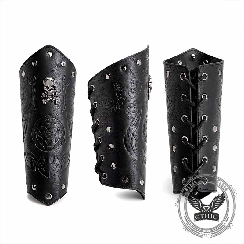 Retro Embossed Skull Rivet PU Leather Knight Bracers