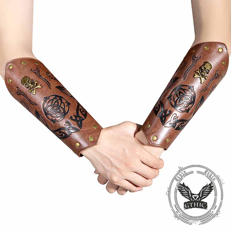 Retro Embossed Skull Rivet PU Leather Knight Bracers 02 | Gthic.com