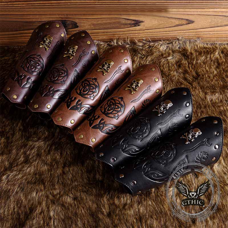 Retro Embossed Skull Rivet PU Leather Knight Bracers 03 | Gthic.com