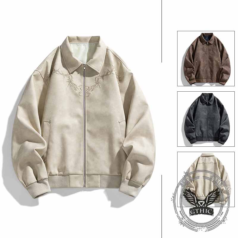 Retro Embroidered Pattern American PU Leather Jacket | Gthic.com