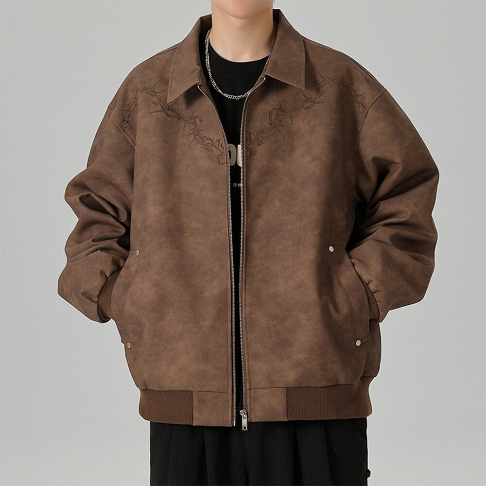 Retro Embroidered Pattern American PU Leather Jacket