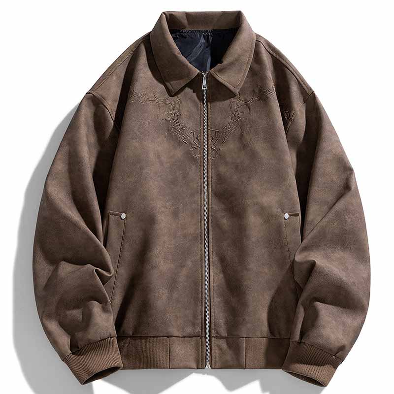 Retro Embroidered Pattern American PU Leather Jacket | Gthic.com