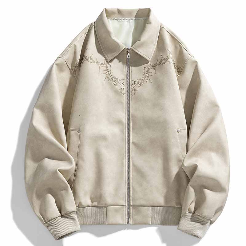 Retro Embroidered Pattern American PU Leather Jacket