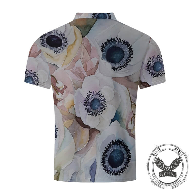 Retro Floral Print Short Sleeve Stand Collar Polo Shirt | Gthic.com