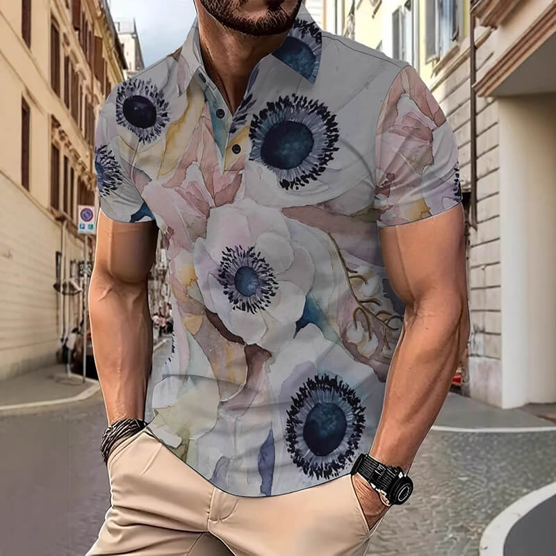 Retro Floral Print Short Sleeve Stand Collar Polo Shirt | Gthic.com