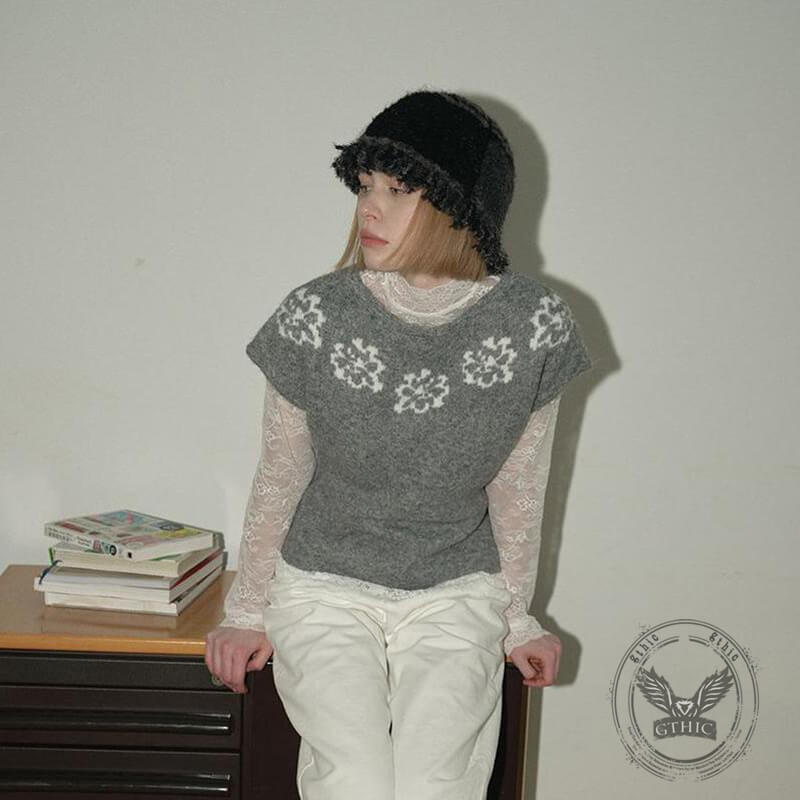 Retro Fringed Edge Patchwork Knitted Bucket Hat