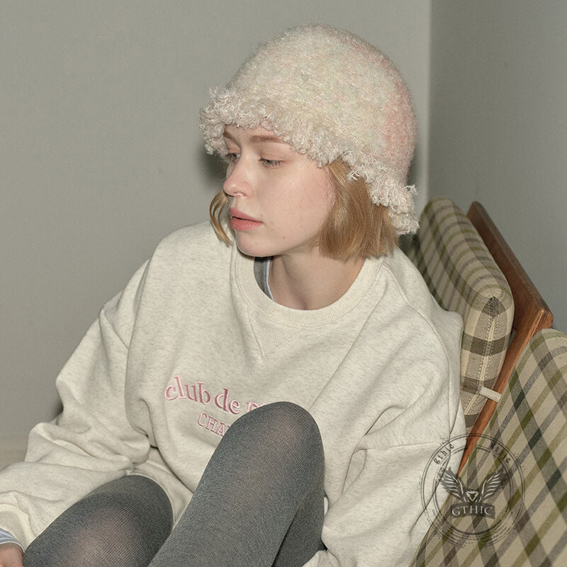 Retro Fringed Edge Patchwork Knitted Bucket Hat | Gthic.com