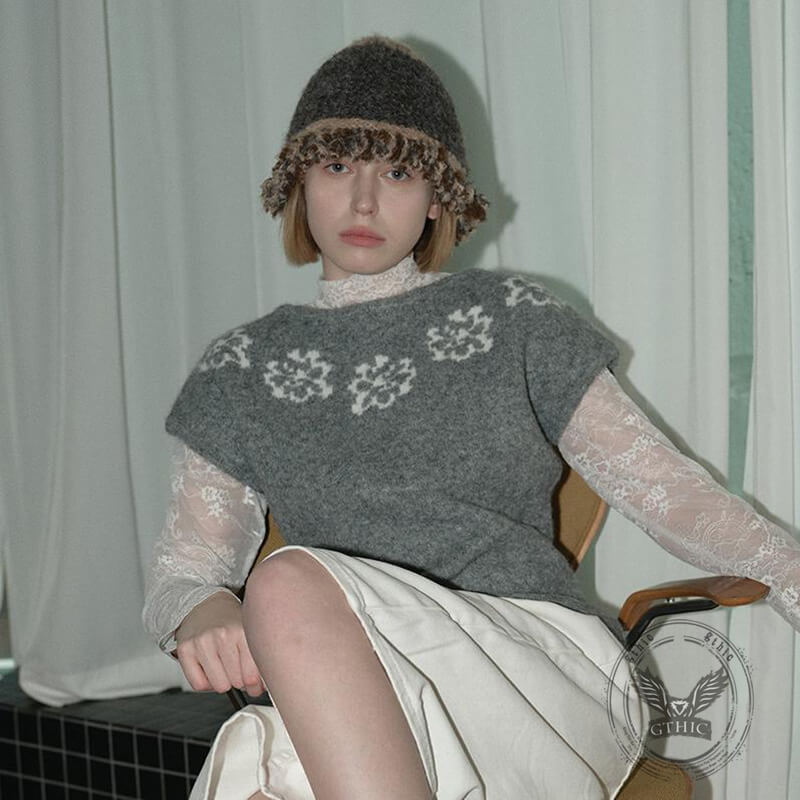 Retro Fringed Edge Patchwork Knitted Bucket Hat