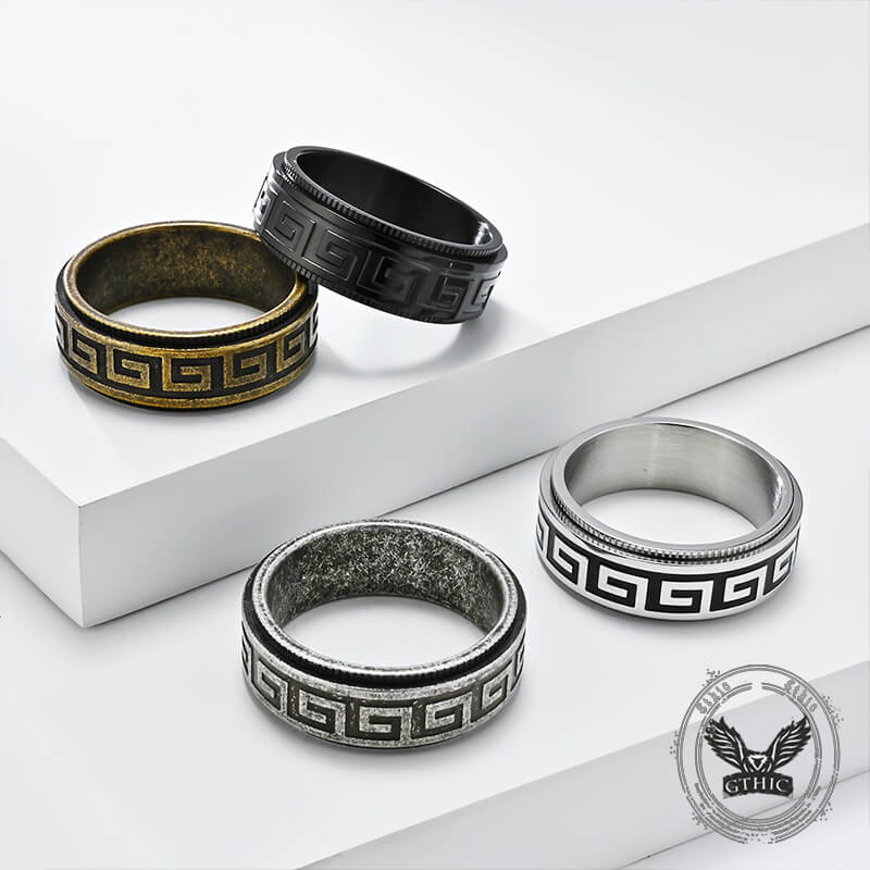 Retro Great Wall Pattern Stainless Steel Spinner Ring 01 | Gthic.com