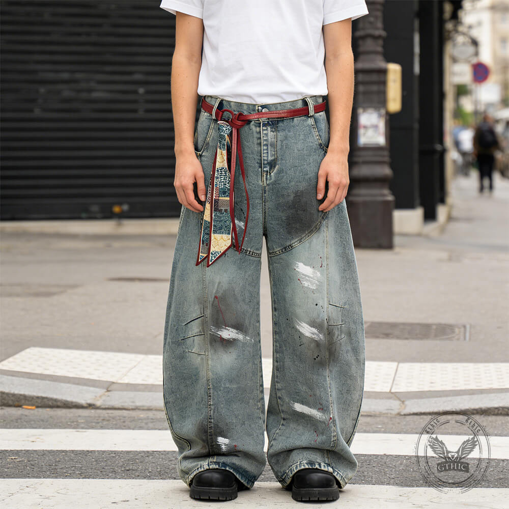 Retro Grunge Loose Wide-Leg Distressed Scimitar Jeans | Gthic.com