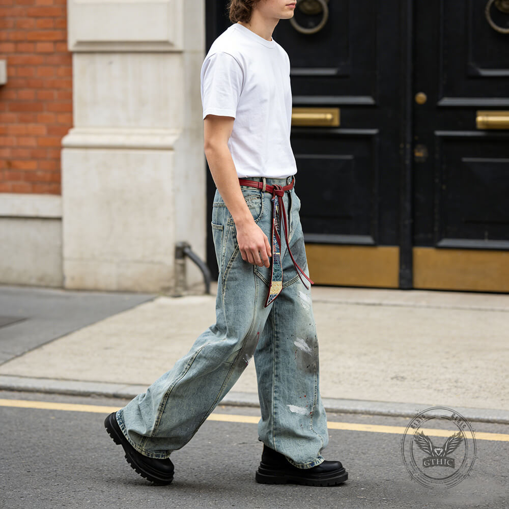 Retro Grunge Loose Wide-Leg Distressed Scimitar Jeans | Gthic.com