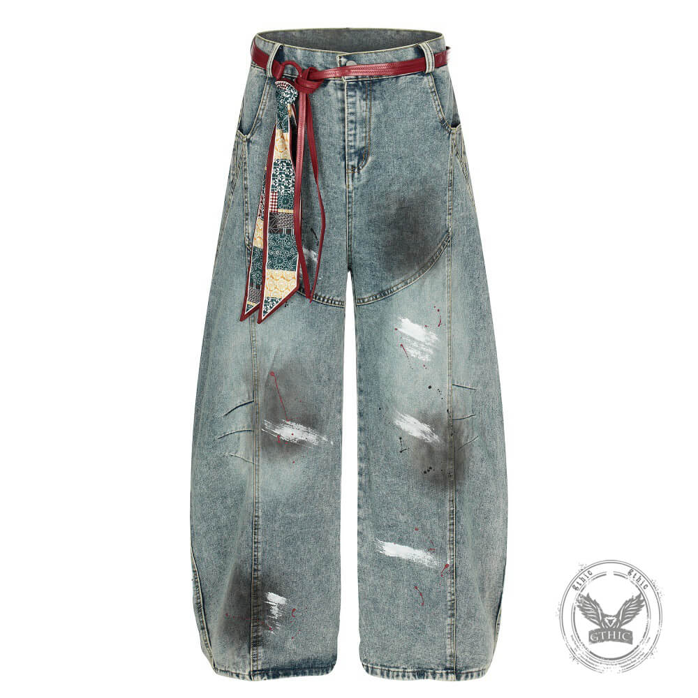 Retro Grunge Loose Wide-Leg Distressed Scimitar Jeans | Gthic.com