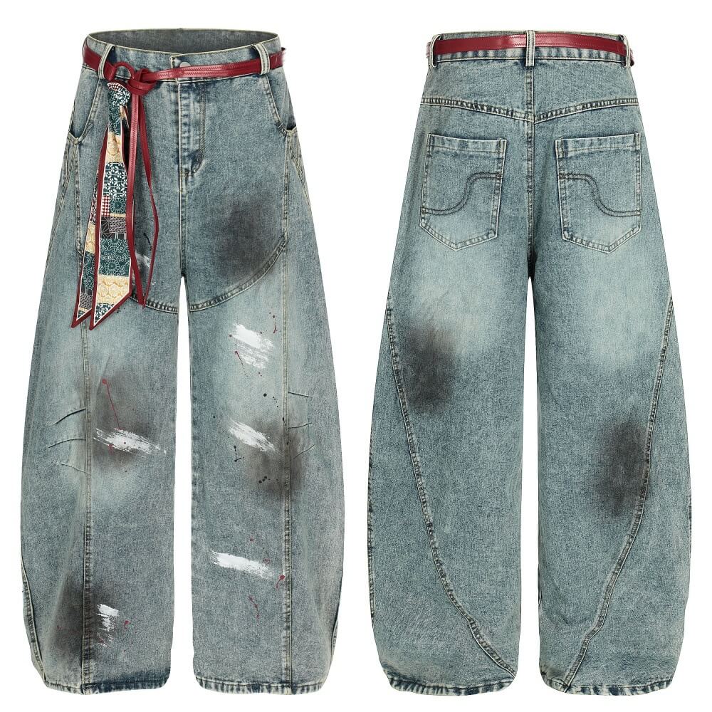 Retro Grunge Loose Wide-Leg Distressed Scimitar Jeans | Gthic.com