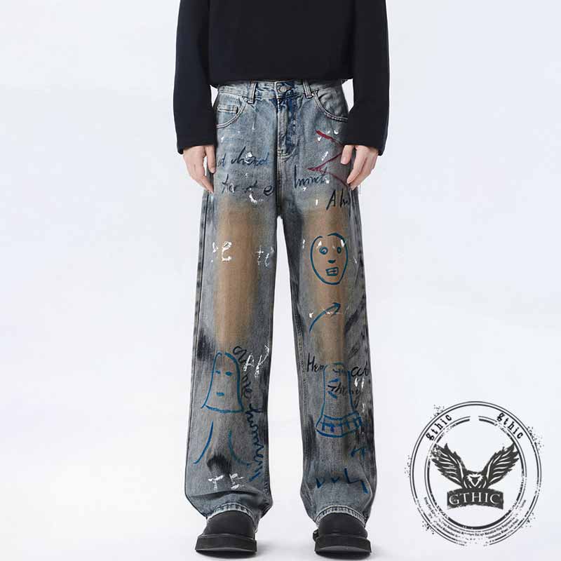 Retro High Street Letter Graffiti Design Baggy Jeans | Gthic.com