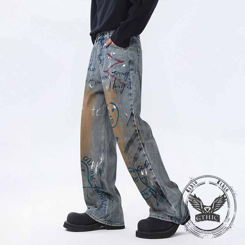 Retro High Street Letter Graffiti Design Baggy Jeans | Gthic.com