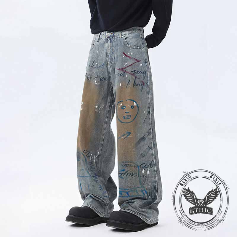 Retro High Street Letter Graffiti Design Baggy Jeans | Gthic.com