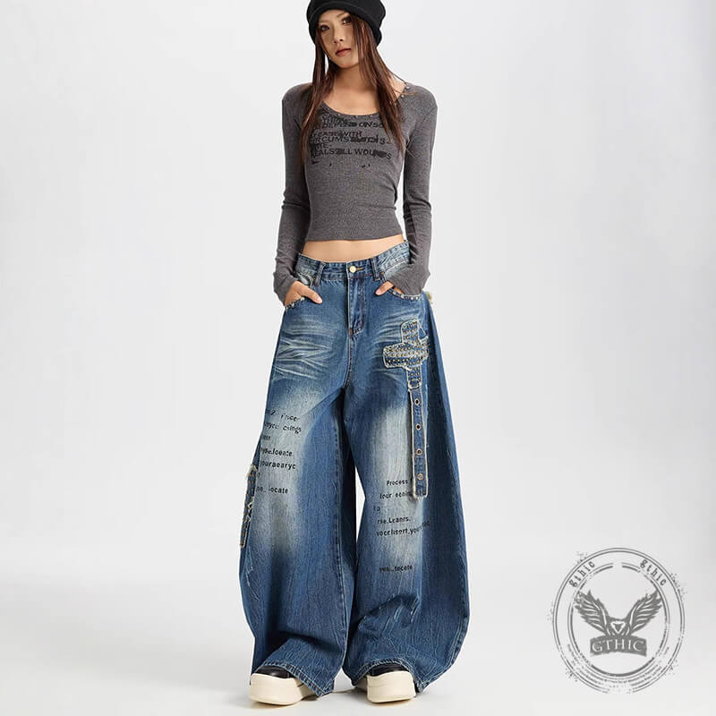 Retro Hip-Hop Rivets Patches Loose Scimitar Jeans | Gthic.com